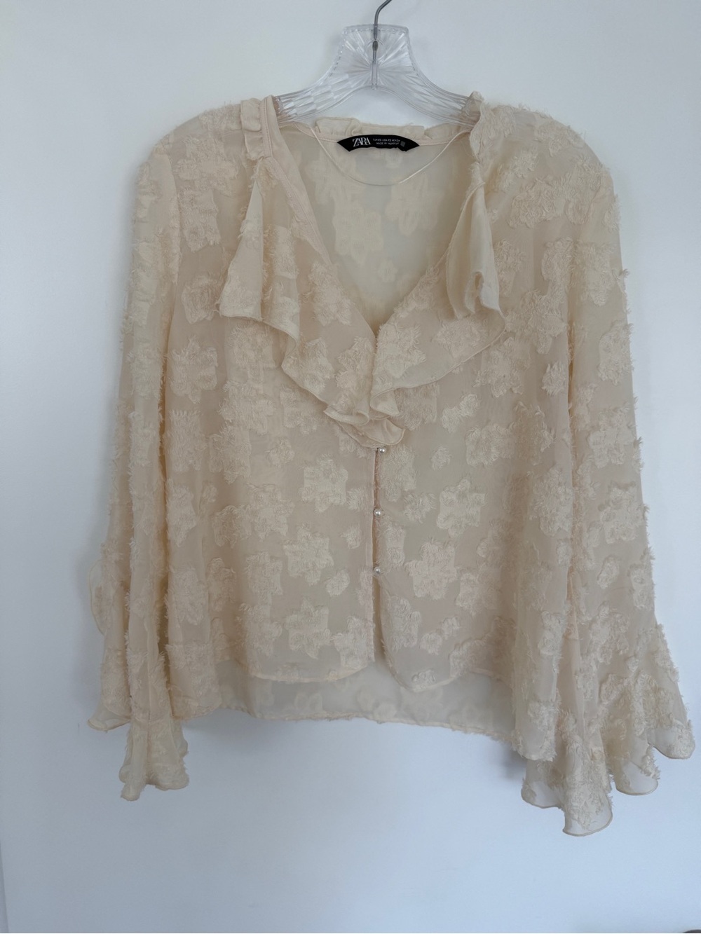 Zara Cream Sheer Floral Ruffle Blouse